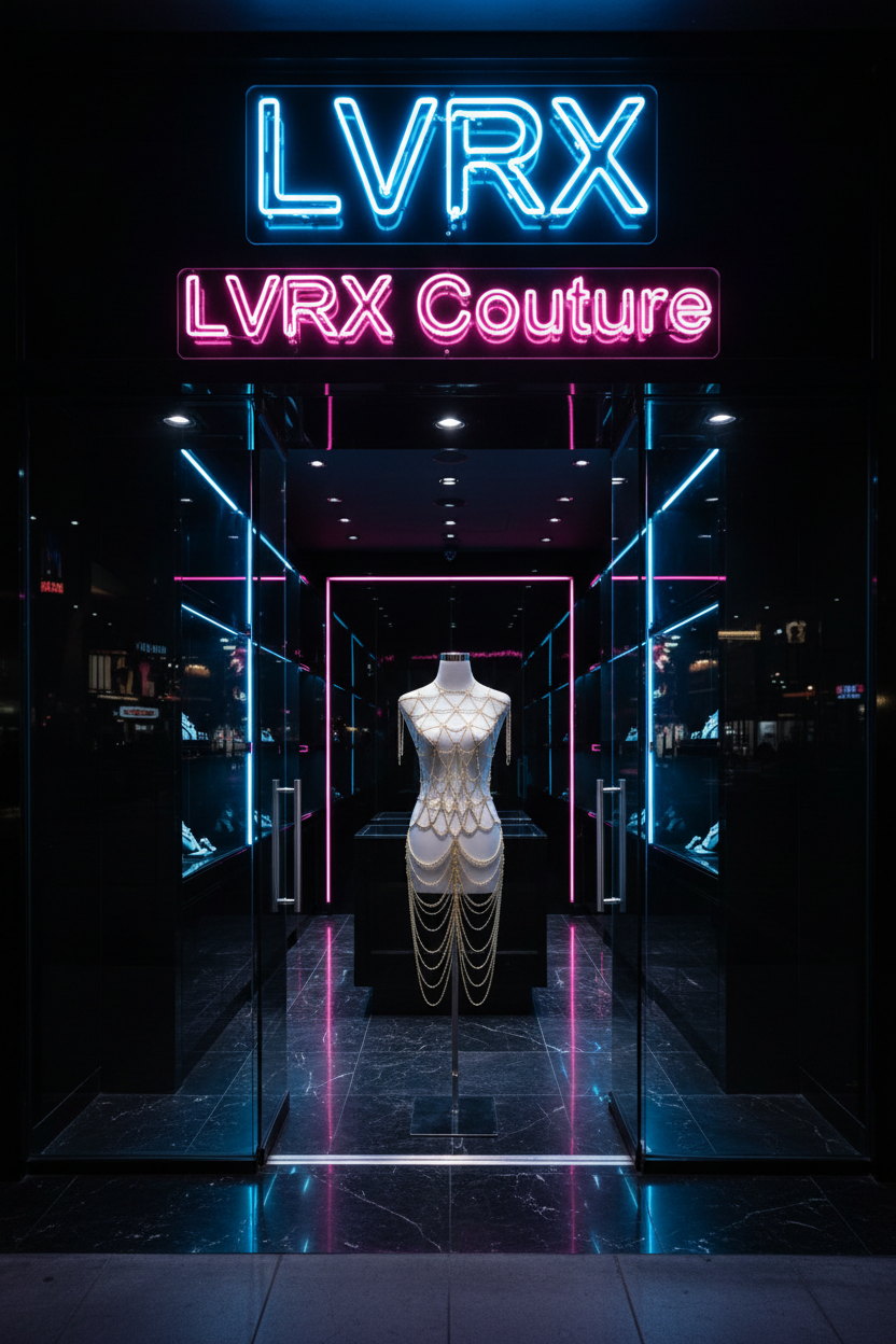 LVRX Sovereign Body Chain displayed at LVRX Couture luxury boutique storefront with neon signage