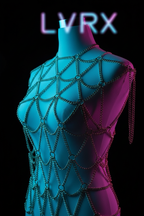 Close-up of LVRX Sovereign Body Chain metal links catching electric blue and neon pink light