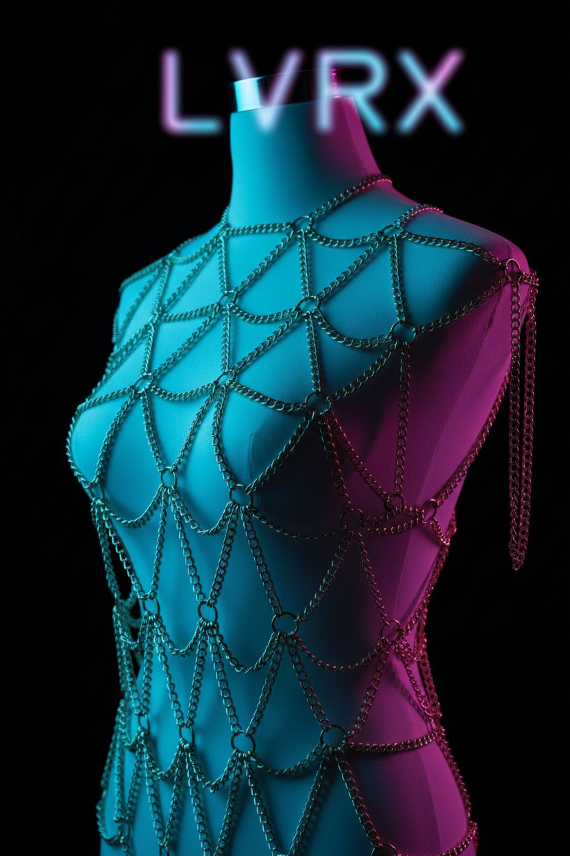 Close-up of LVRX Sovereign Body Chain metal links catching electric blue and neon pink light