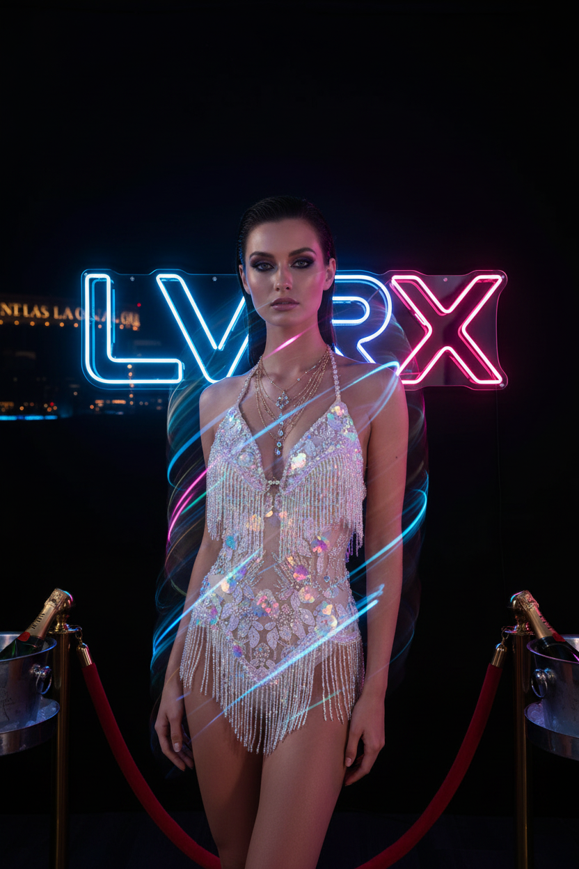 Model wearing LVRX beaded fringe swimsuit and body chain set in a luxury Las Vegas VIP nightclub with neon lighting