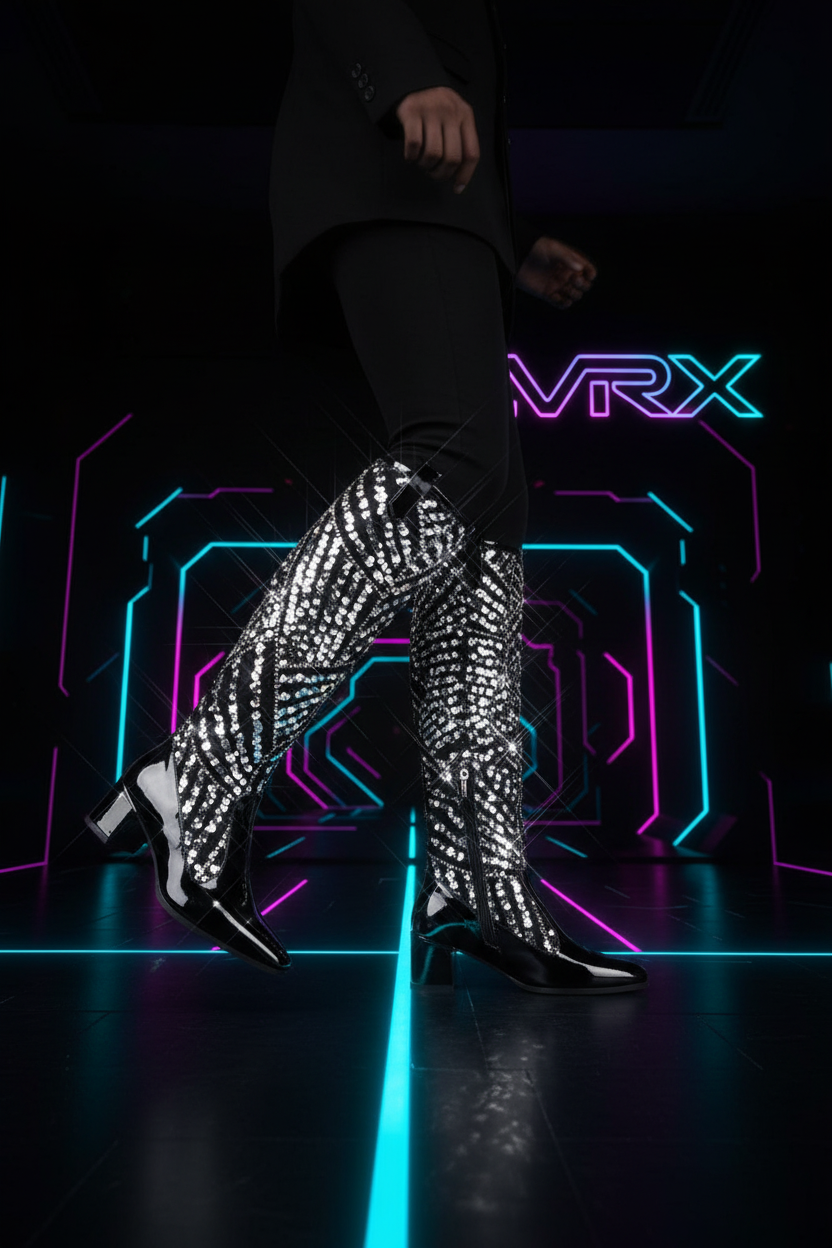 Model mid-stride in LVRX black sequin knee-high boots with sequins scattering light in Las Vegas nightclub