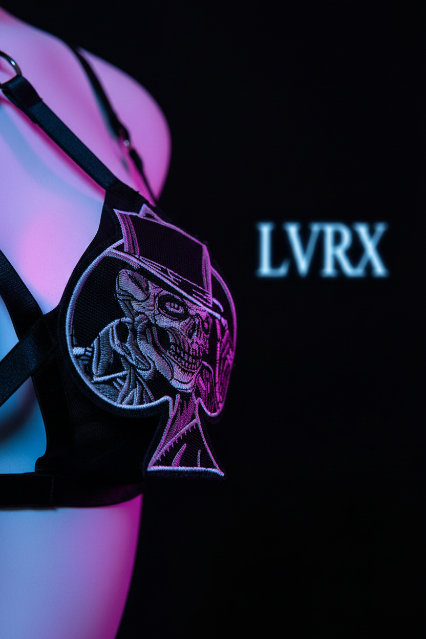 Close-up of LVRX skull hooded bra showing intricate skull design catching electric blue and neon pink light