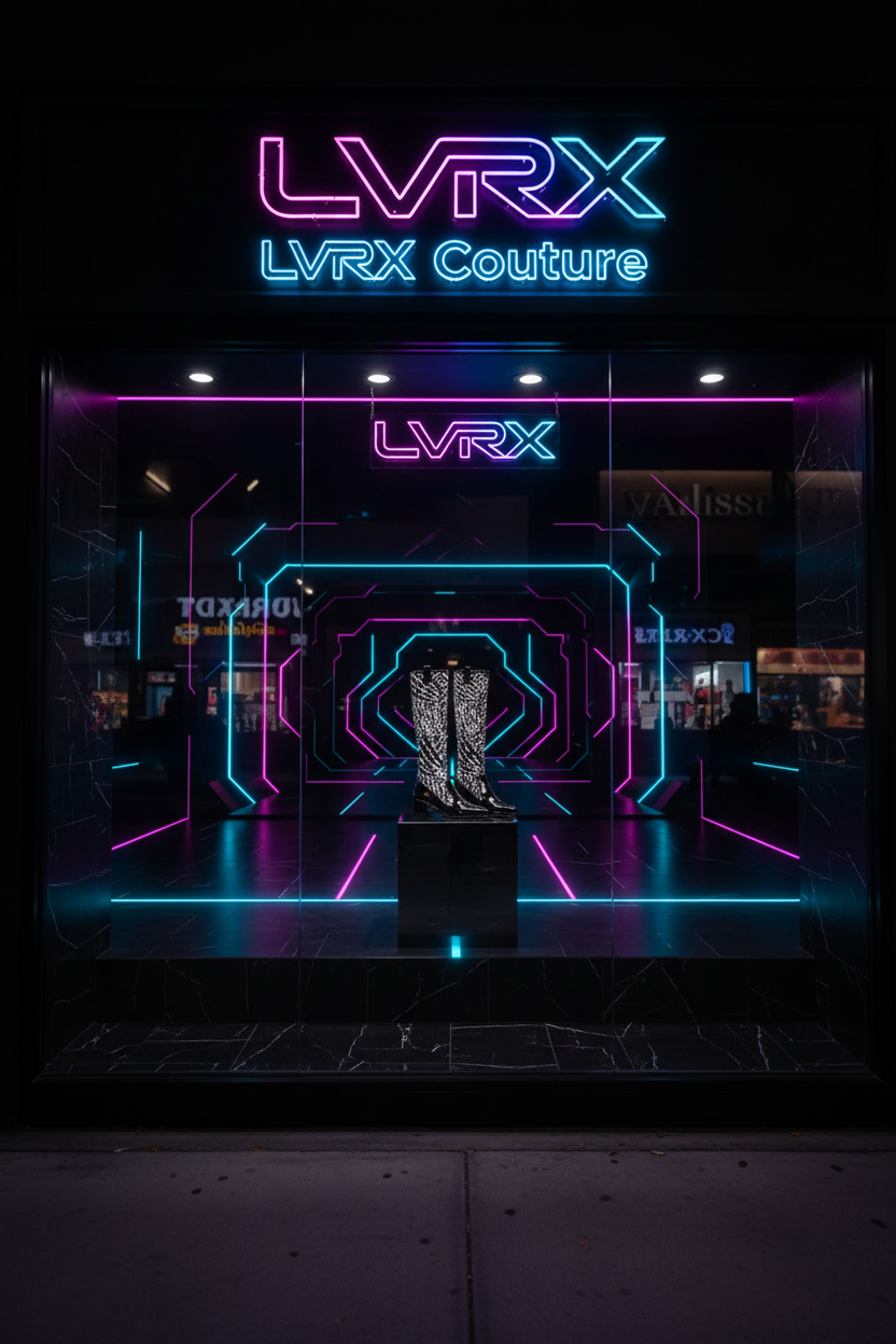 LVRX Sequin Pulse Heel Boots displayed at LVRX Sole Noir luxury boutique storefront with neon signage