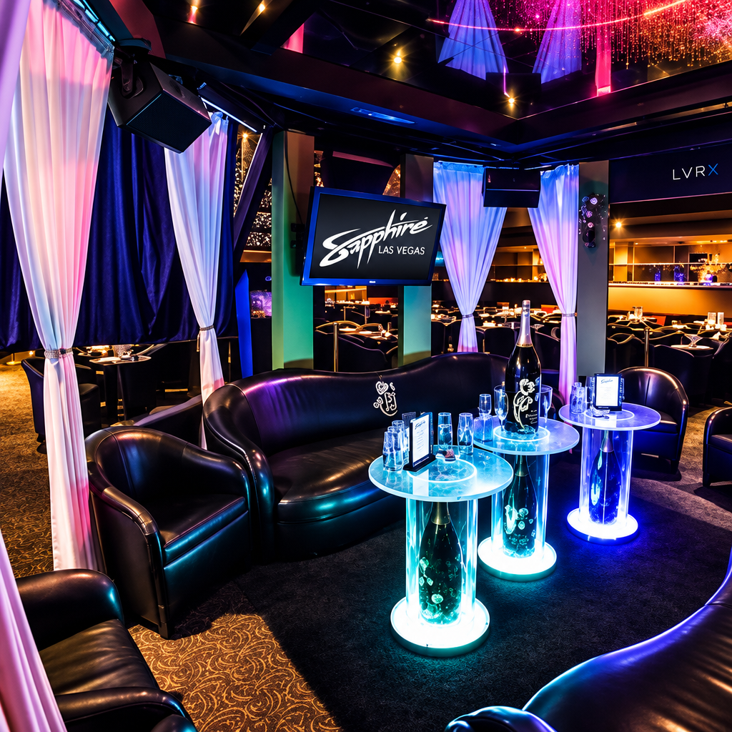 Sapphire VIP seating with blue lighting and a subtle LVRX wordmark.