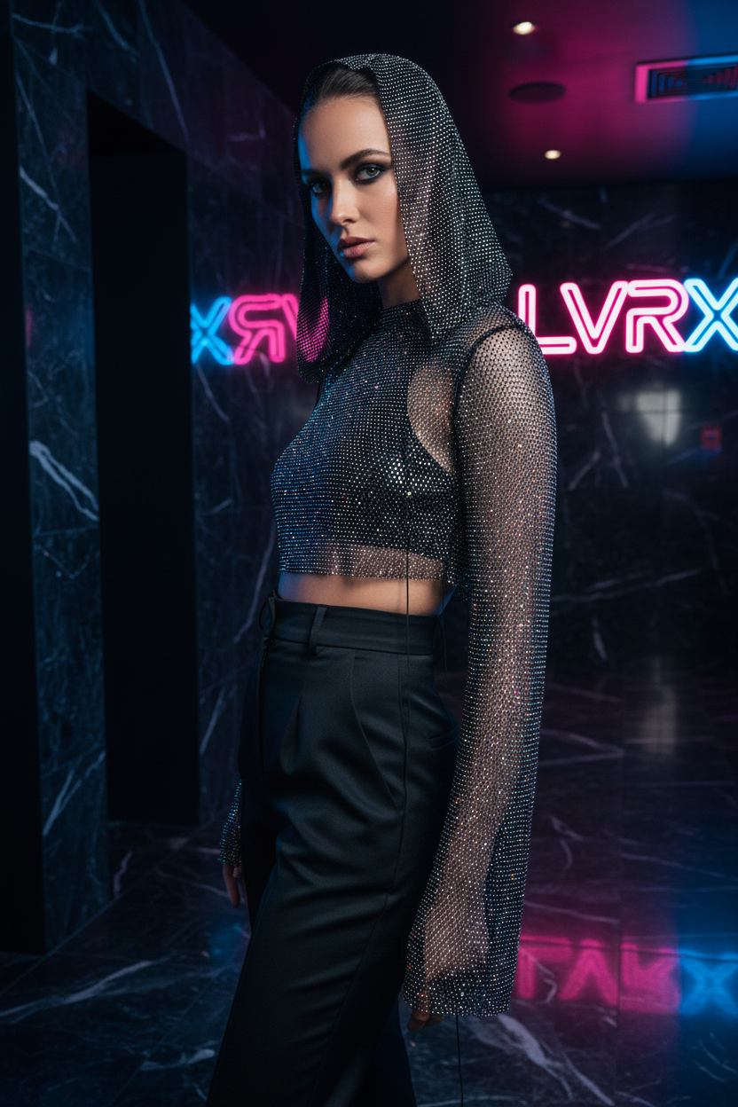 LVRX Crystal Hood Fishnet Top — Alternate Retry