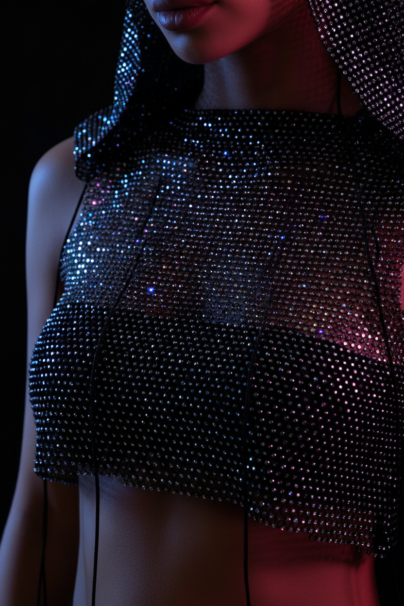 LVRX Crystal Hood Fishnet Top — Detail