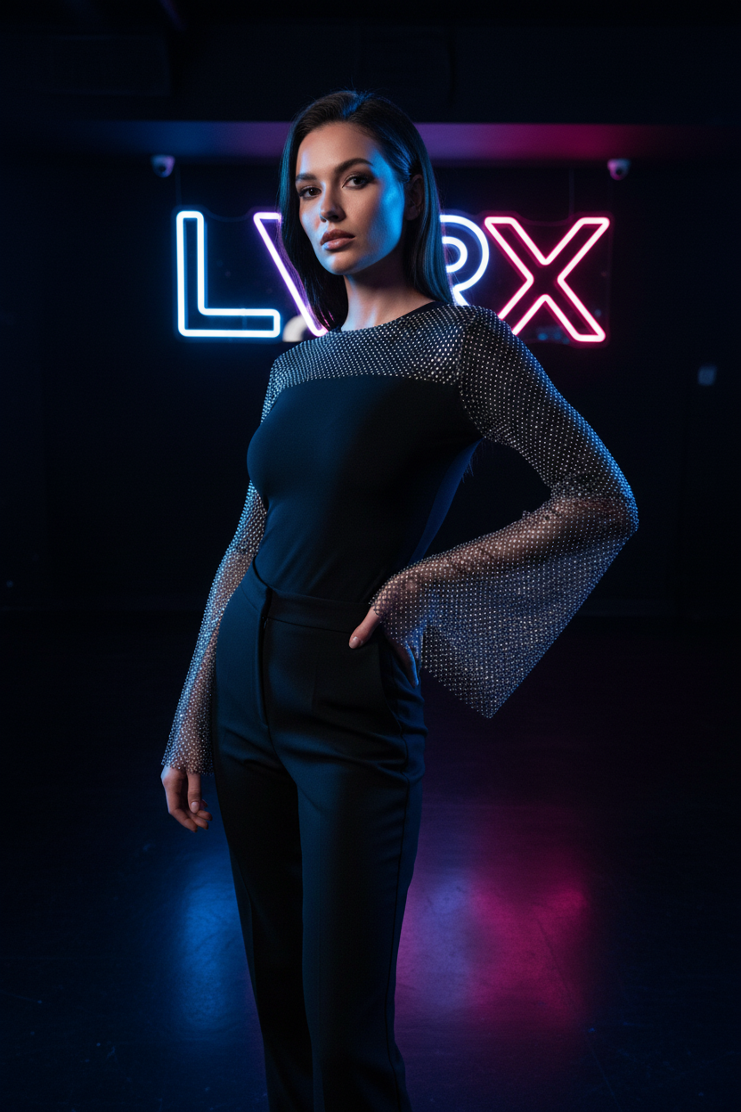 LVRX Rhinestone Grid Fishnet Blouse — Alternate